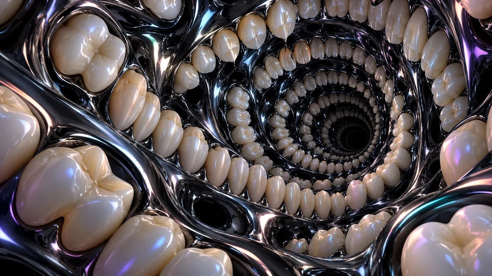 A tunnel of reflective teeth spiraling into a dark liquid-chrome mouth