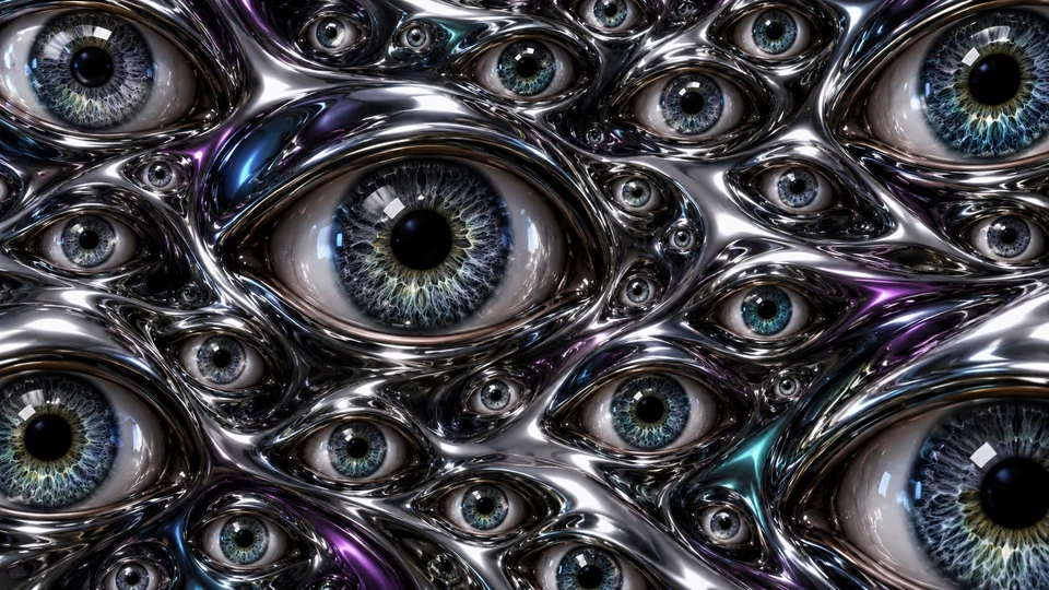 Many glossy eyes looking outward from a dark reflective surface