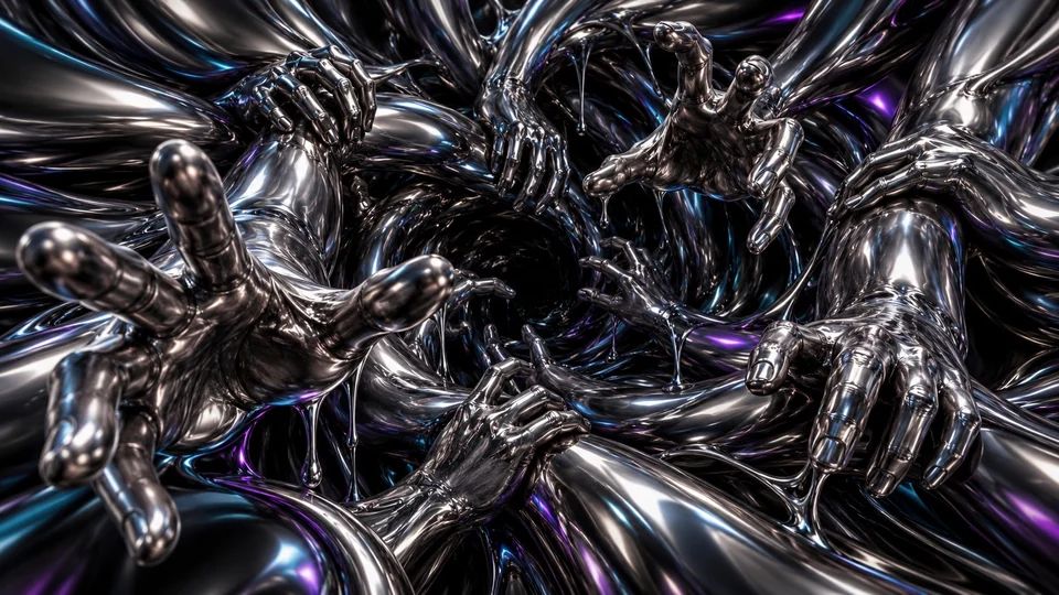 Surreal reaching fingers and hand-like forms in polished dark metal