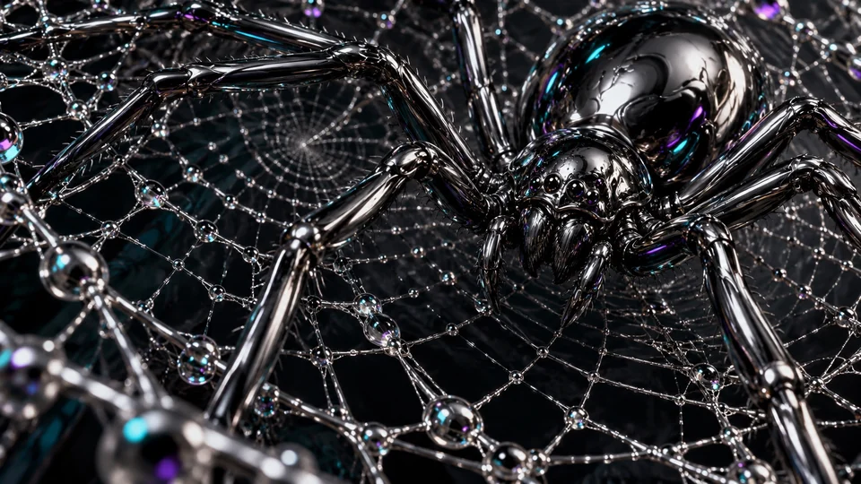 An uncanny web-like sculptural form with reflective metallic detail
