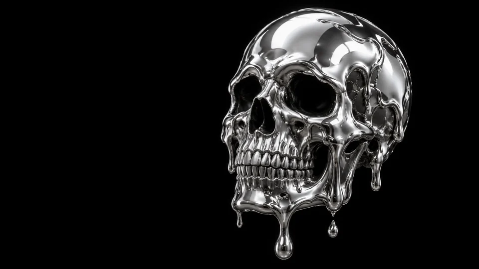 A human skull coated in bright dripping mercury-like liquid metal