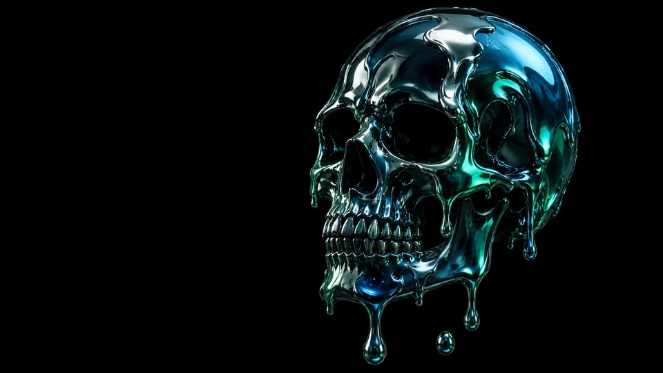 A dripping metallic skull with petrol-blue and green reflections