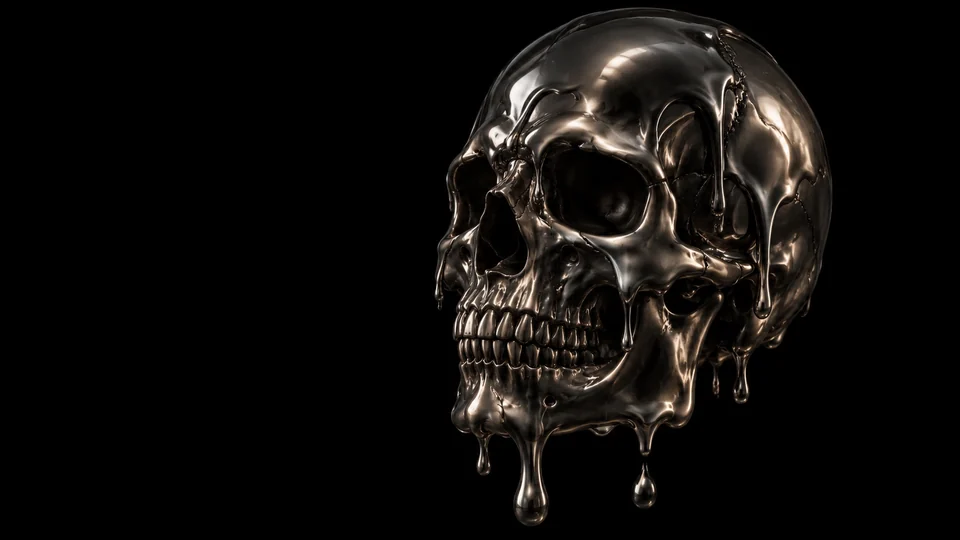 A dark smoked-titanium skull with reflective fluid-metal detail