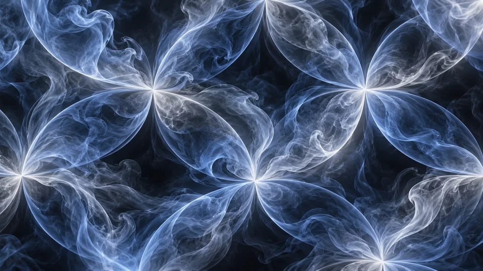 Silver and blue smoke arranged in repeating curved arcs against black